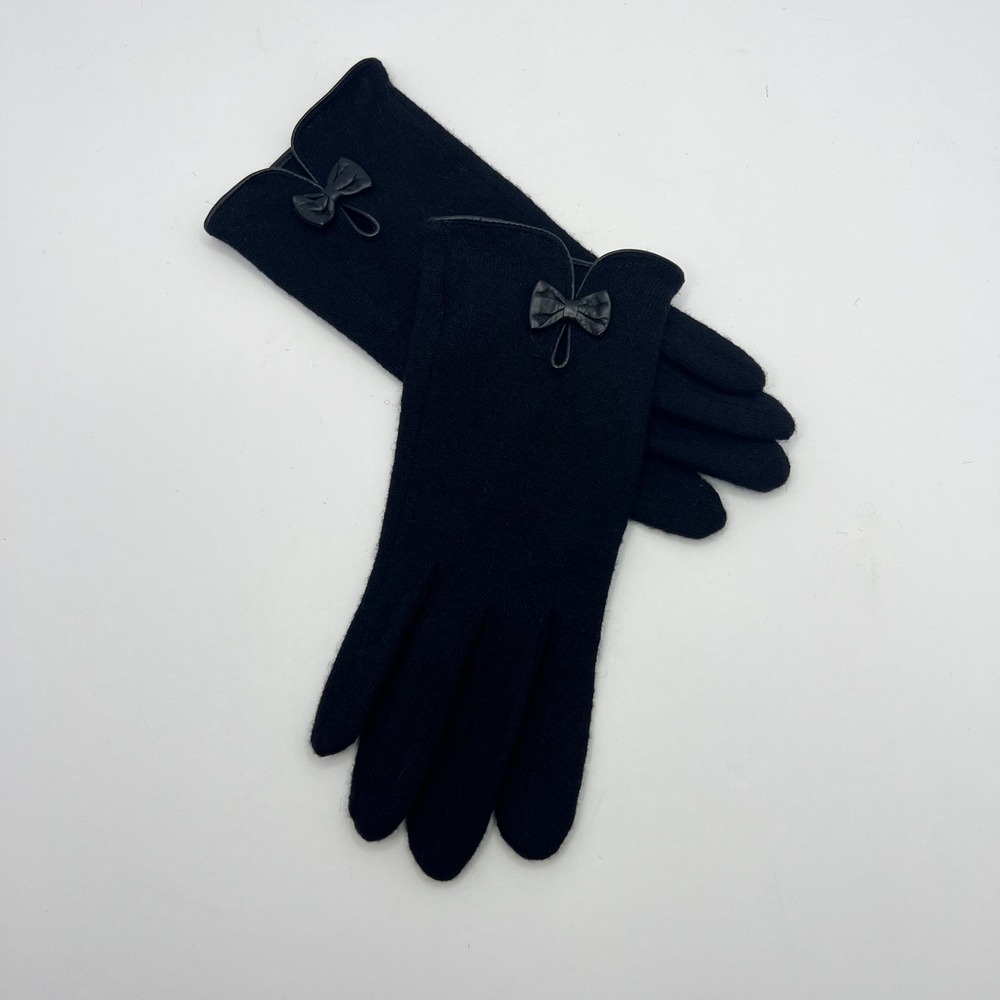 Elegant Black Knit Gloves Leather Bow Womens Small Touchscreen Finger Coquette